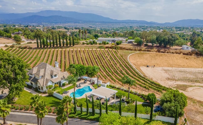 Hilltop estate with pool overlooking vineyard rows and valley with mountains in distance